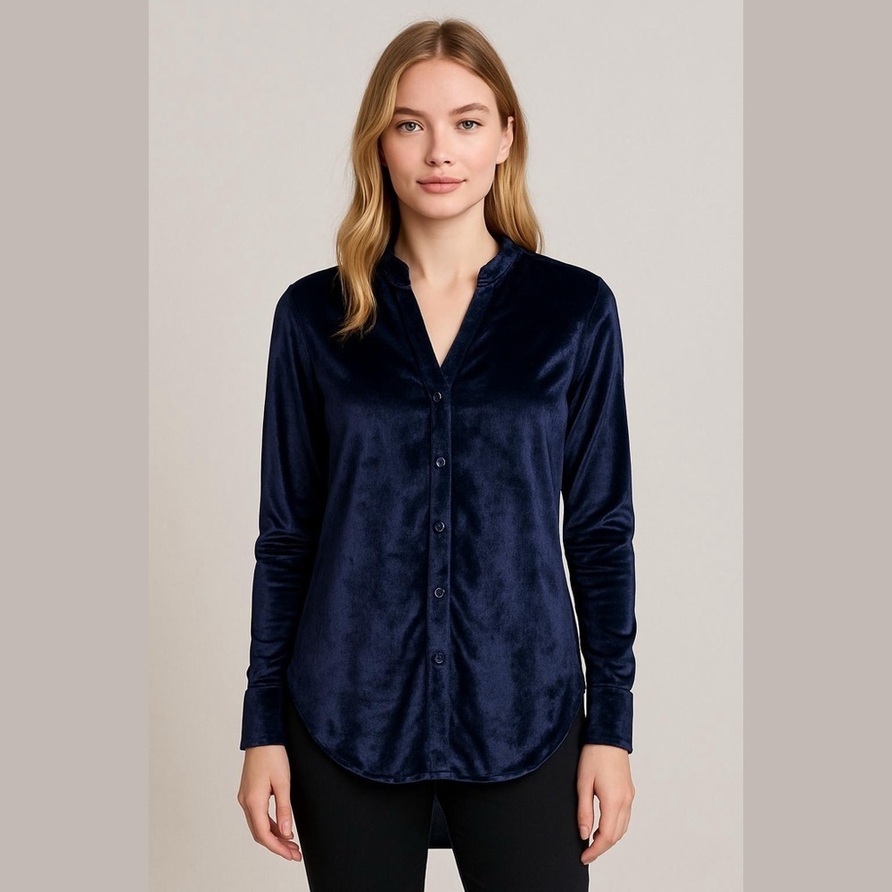 Anthropologie Maeve Navy Velvet Tunic Blouse Longline V-Neck Button Front Small